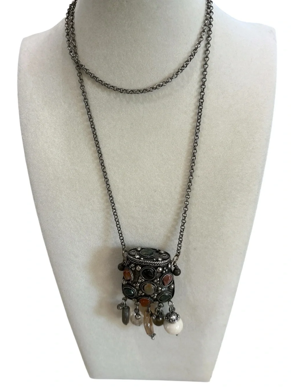 Bohemian Silver Tone Multistone Coin/Prayer Box/Amulet Pendant Necklace 36”